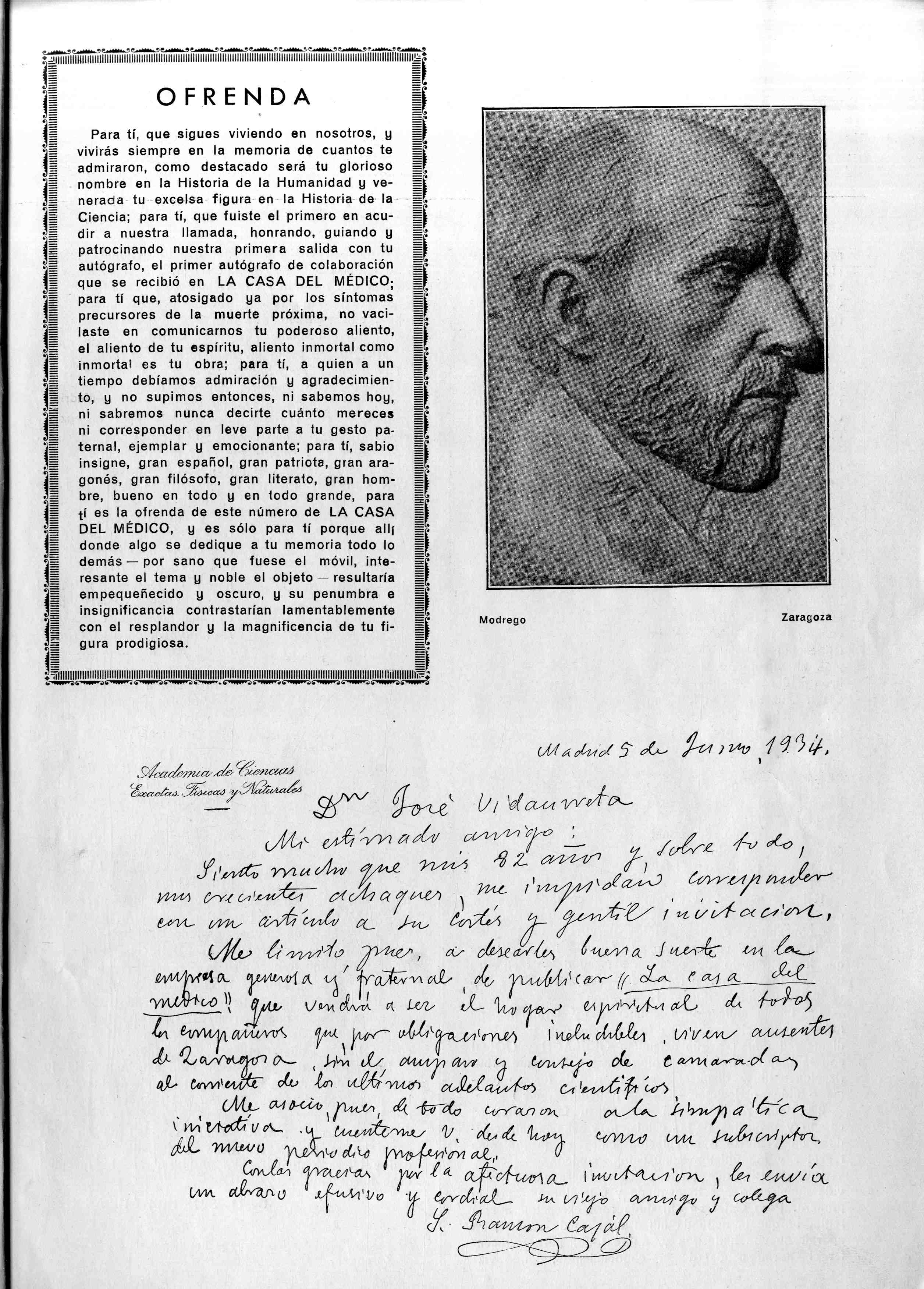 Foto y dedicatoria manuscrita por Ramón y Cajal