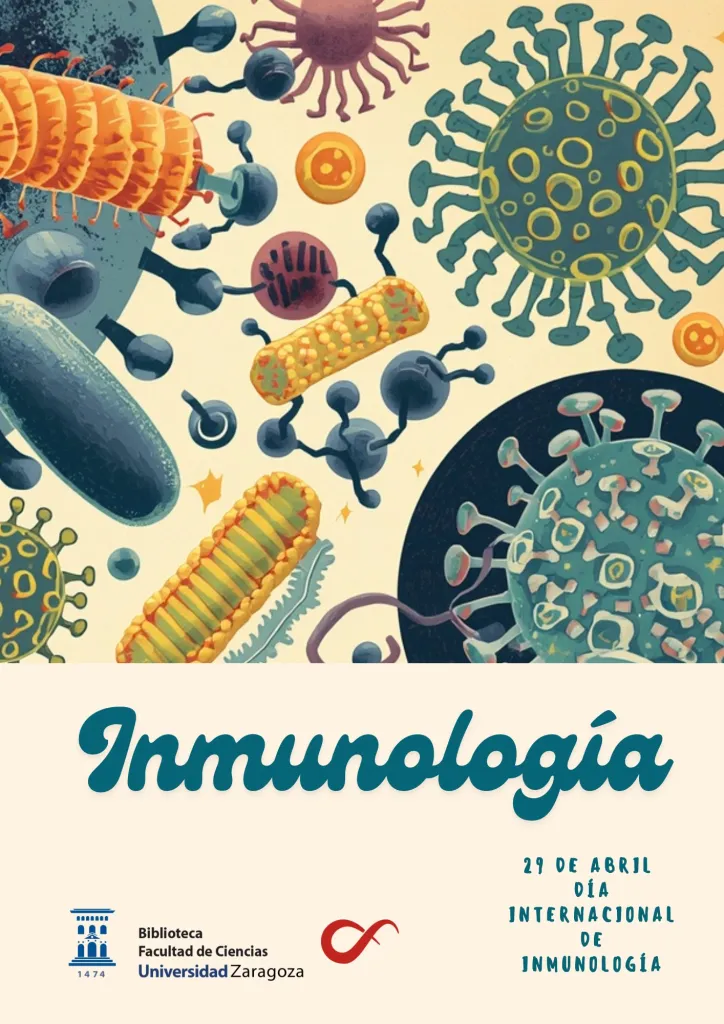Cartel sobre el Día Internacional de la Inmunología con imagenes recreadas de células, bacterias, virus, etc.