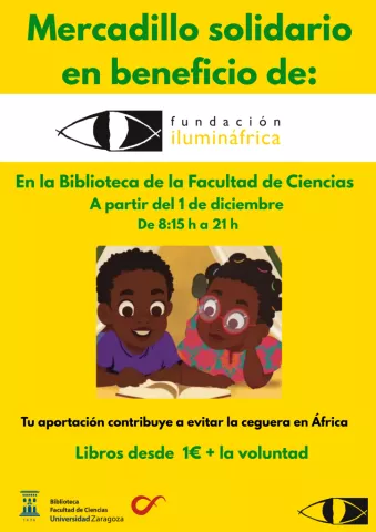 Cartel del Mercadillo solidario de venta de libros de la biblioteca de Ciencias a favor de Illumináfrica